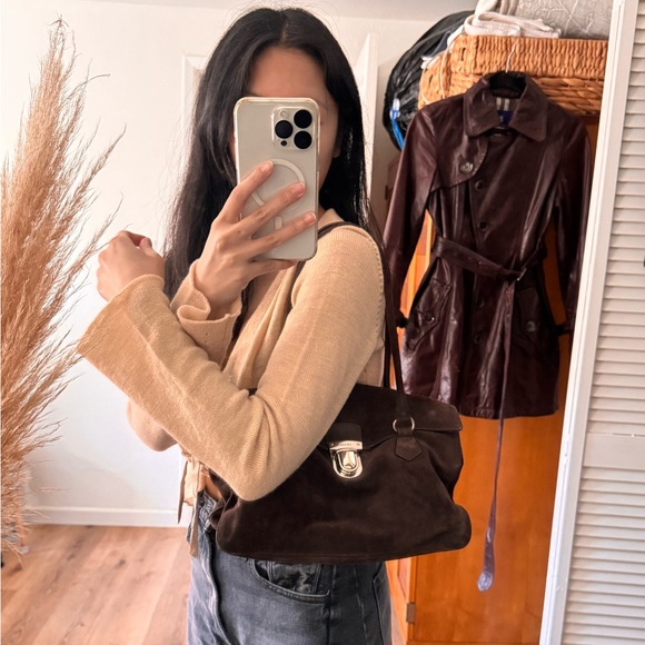 Prada Vintage Scamosciato Brown Suede Shoulder Bag Silver Hardware Push Lock - Picture 2 of 16